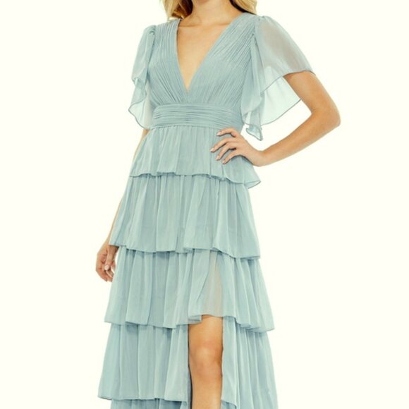 Mac Duggal Slate Blue Metallic Flutter Sleeve Ruffle Tiered Gown